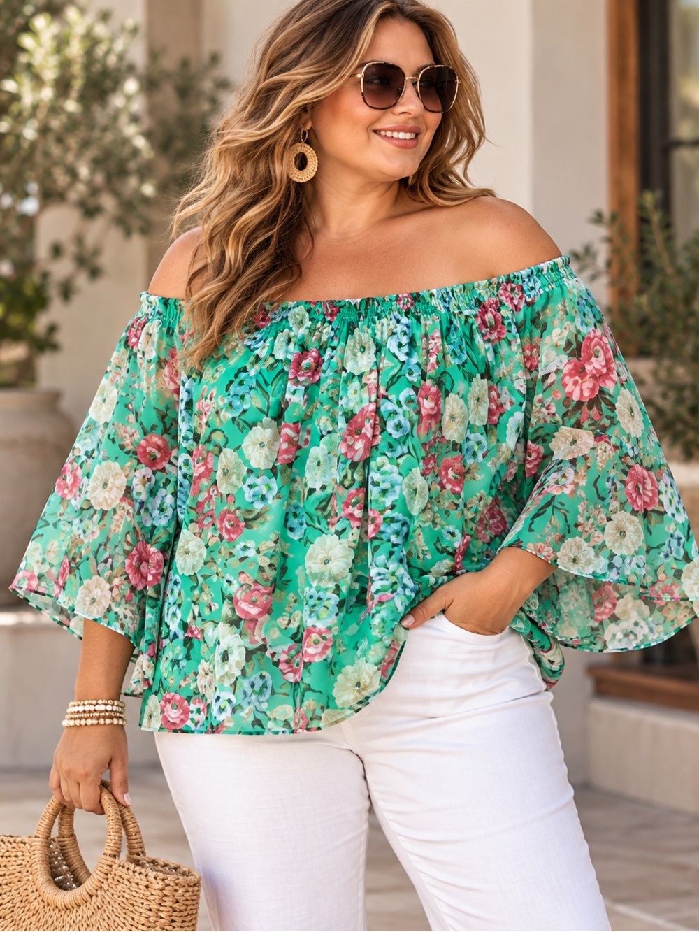 INC International Concepts XXL Green Floral Off Shoulder Peasant Blouse